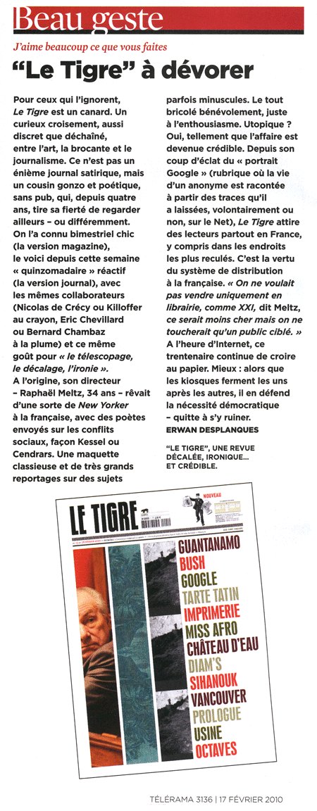 Le Tigre N°1 dans Télérama 2010